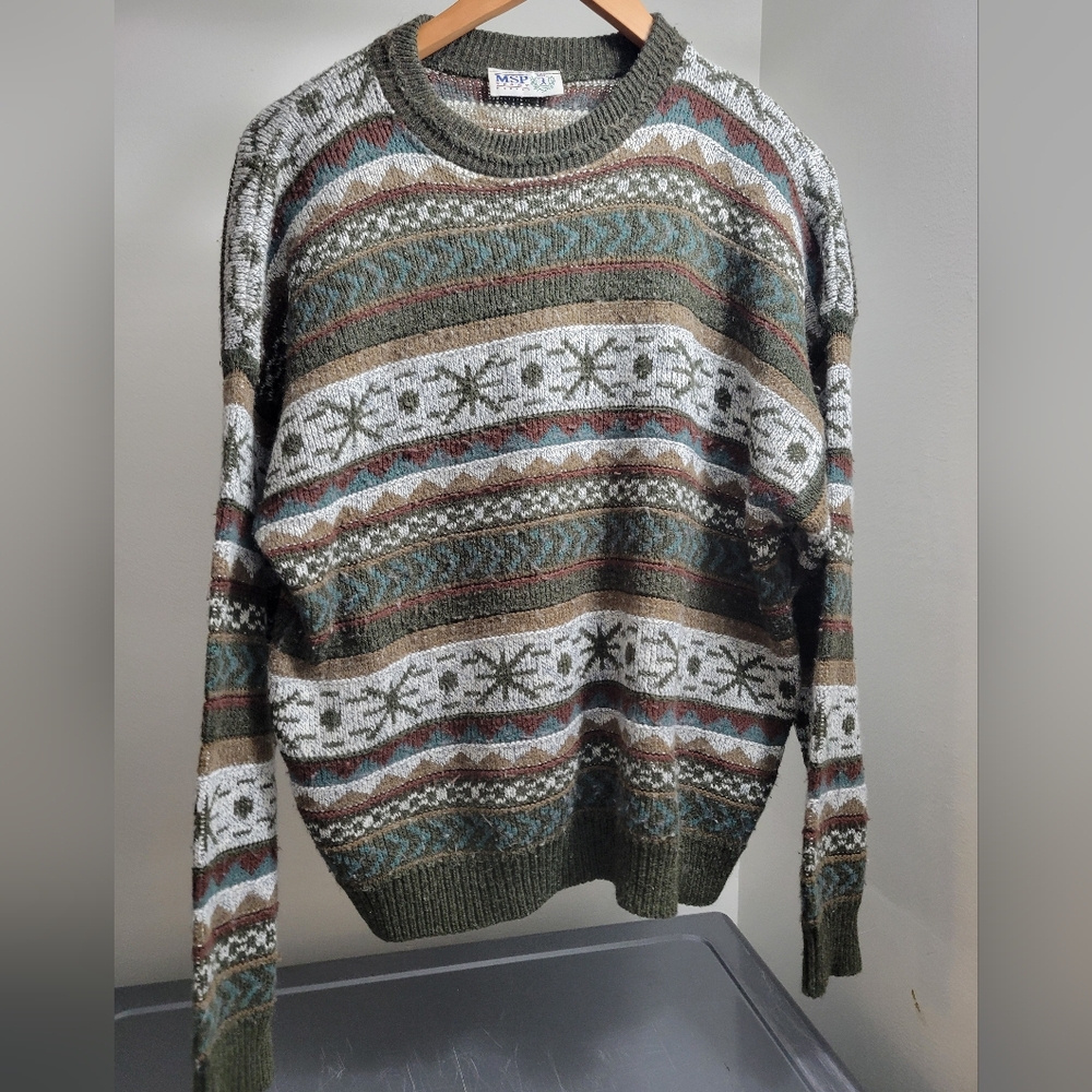 Unique Vintage Green and Brown Patterned Crewneck Sweater